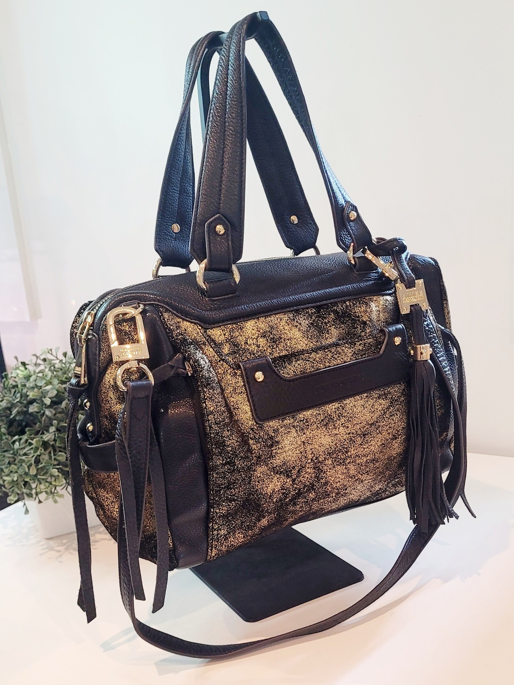 Aimee Kestenberg Black & Gold Metallic Shoulder Satchel